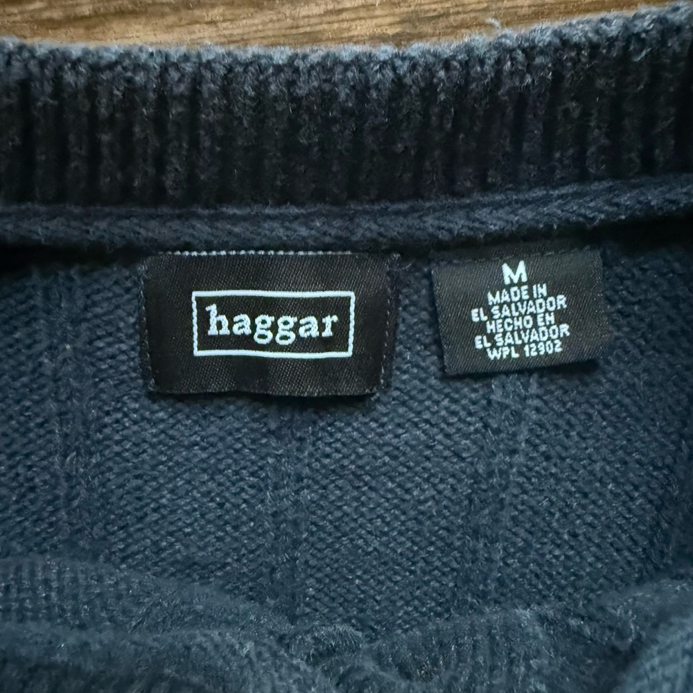 Haggar Men's Henley Sweater Large Navy Melange Ribbed Knit Long Sleeve Blue - Picture 3 of 5